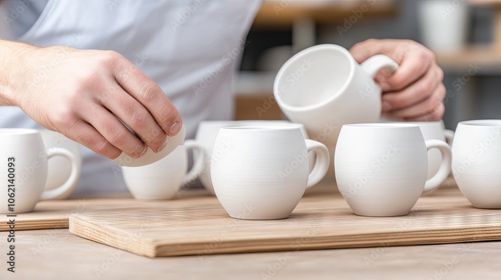 Crafting ceramic cups and mugs in a serene studio with soft lighting and neutral tones Crafting ceramic cups and mugs in a serene studio with soft lighting and neutral tones