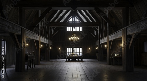 Spacious barn interior featuring wooden beams and flooring, adorned with a central chandelier and abundant natural light from surrounding windows. 