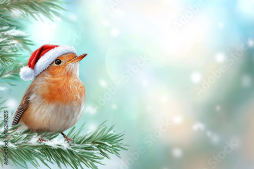 Cute bird wearing a Santa hat perched on a snowy evergreen branch photo