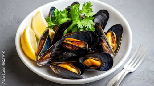 Freshly cooked mussels with lemon and herbs in a bowl for a delightful meal