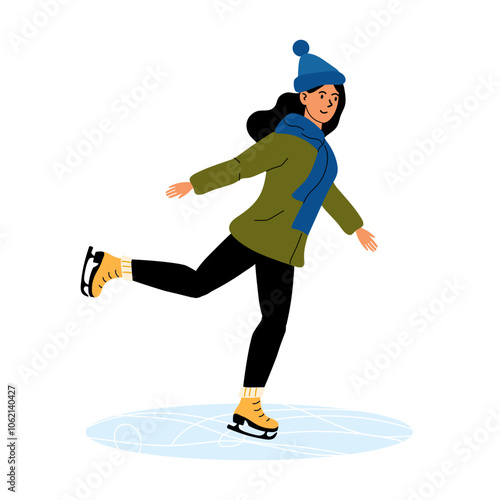 A young woman gracefully ice skating on a frozen pond during winter in a cozy outfit