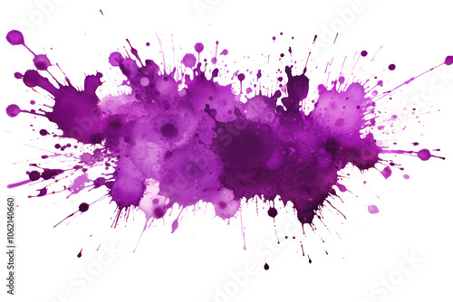 A vibrant purple paint splatter with dynamic drops and smudges spreading out isolated on white background
