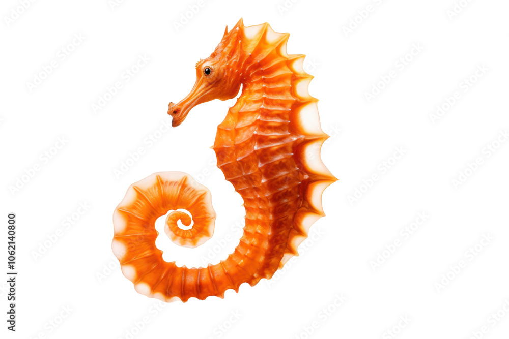 Fototapeta premium A vibrant, orange seahorse gracefully swimming with its fins spread, isolated on white background