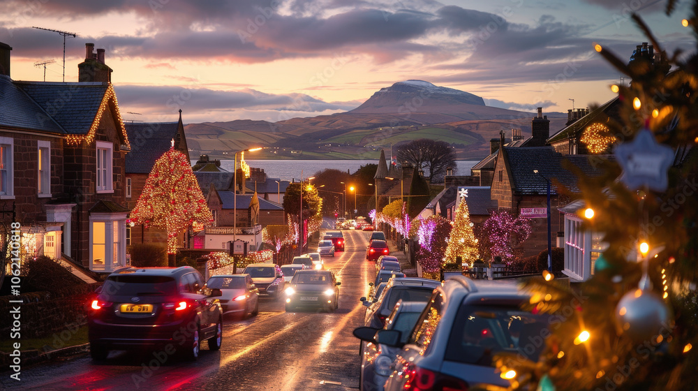 Fototapeta premium festive street lined with beautifully decorated houses, showcasing vibrant holiday lights against stunning mountain backdrop. scene captures warmth and joy of season