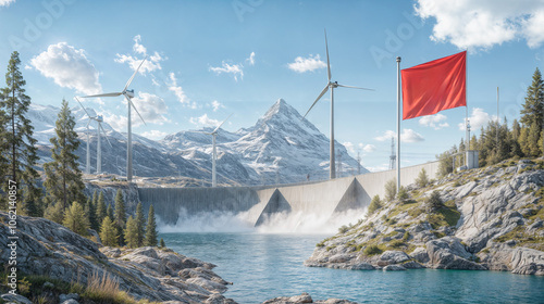 Modern, eco-friendly power plant with wind turbines and a dam. The dam is releasing water, and the wind turbines are spinning. The power plant is situated in a mountainous region, and there are flags 