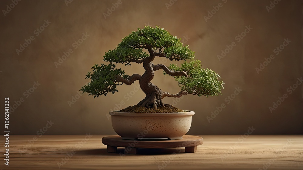 A meticulously shaped bonsai tree rests in a decorative ceramic pot on a wooden table illuminated by soft light in a warm ambiance A meticulously shaped bonsai tree rests in a decorative ceramic pot on a wooden table illuminated by soft light in a warm ambiance