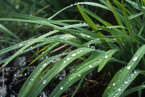 Dew-kissed leaves glisten in gentle sunlight, capturing a refreshing and rejuvenating morning moment in nature's lush green embrace.