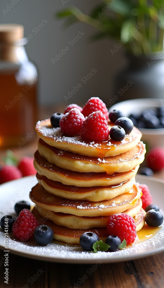 Delicious stack of pancakes topped with fresh berries and maple syrup on a wooden table Delicious stack of pancakes topped with fresh berries and maple syrup on a wooden table