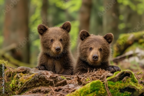 Two baby bears are sitting on a log in a forest