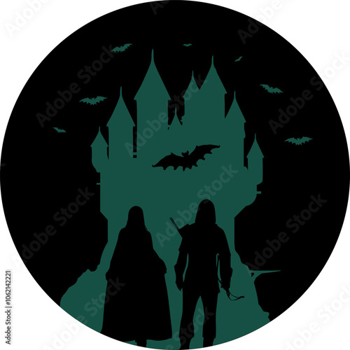 Vektor Silhouetten Fantasy - Festung mit Personen und Fledermäusen