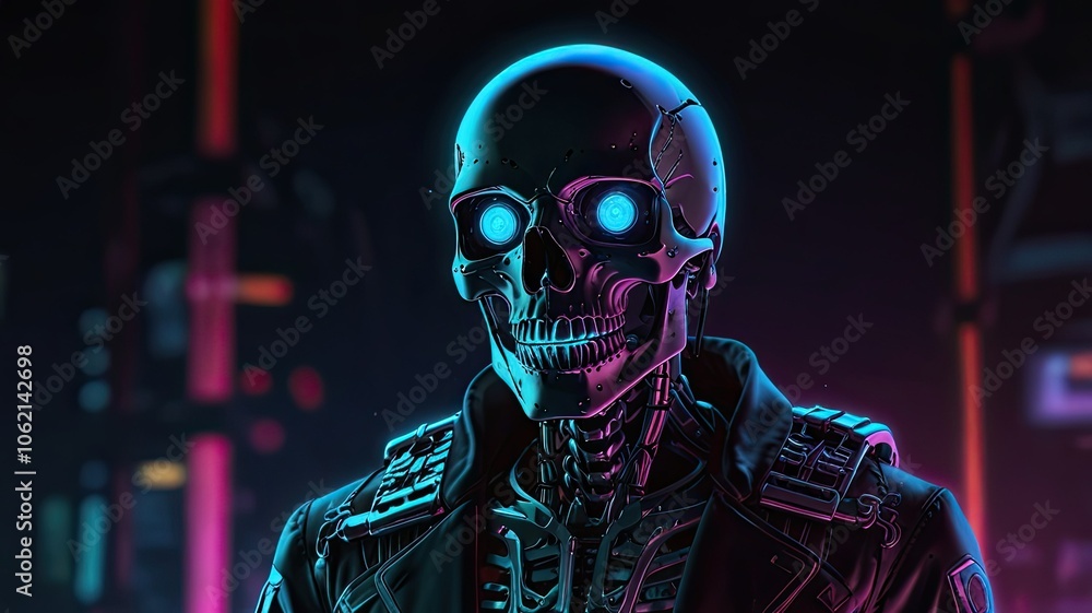 A striking skeleton figure with glowing blue eyes and intricate details displays a blend of technology and artistry set within a vibrant cyberpunk environment A striking skeleton figure with glowing blue eyes and intricate details displays a blend of technology and artistry set within a vibrant cyberpunk environment
