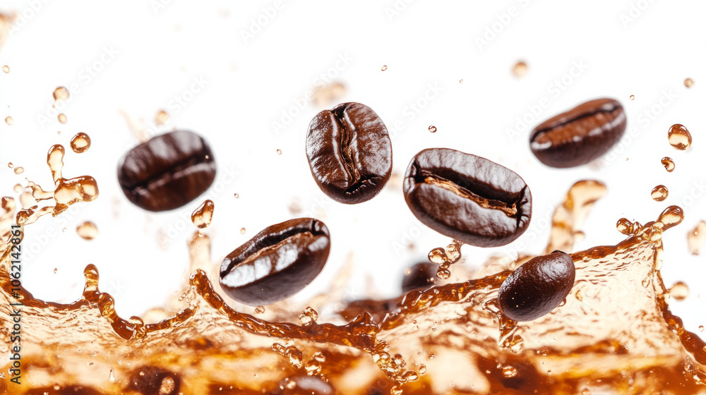 Coffee beans splashing in rich liquid with clear background in bright light Coffee beans splashing in rich liquid with clear background in bright light
