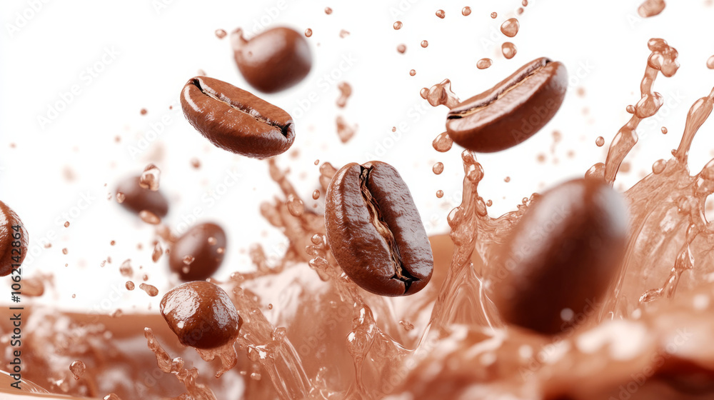 Coffee beans splashing in rich liquid creating dynamic droplets in motion Coffee beans splashing in rich liquid creating dynamic droplets in motion