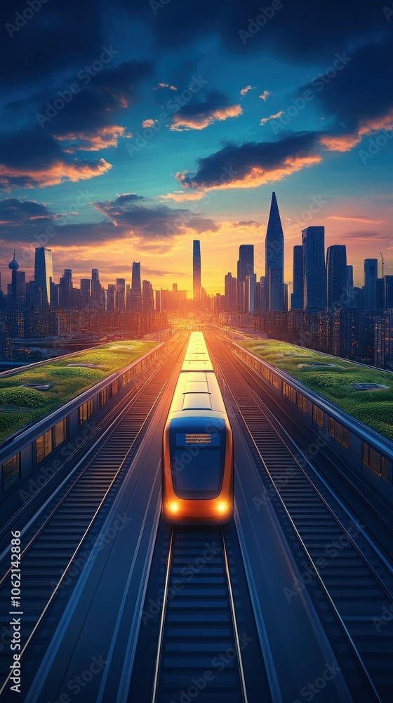 Fototapeta premium Train journey through city skyline at sunset.