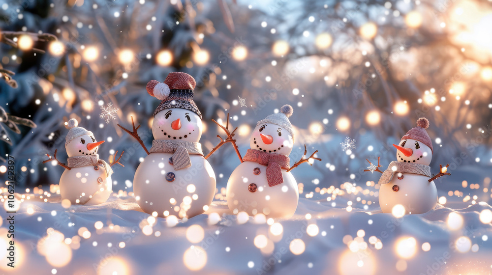 cheerful group of snowmen with various facial expressions stands in snowy landscape, surrounded by twinkling lights and magical winter atmosphere cheerful group of snowmen with various facial expressions stands in snowy landscape, surrounded by twinkling lights and magical winter atmosphere
