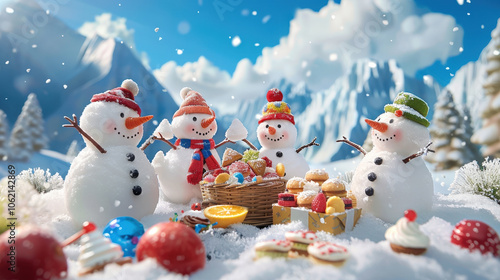group of snowmen enjoying winter picnic in snowy landscape, surrounded by delicious treats and festive atmosphere. scene captures joy and fun of winter celebrations
