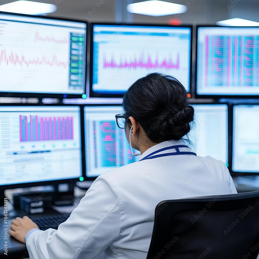 Researcher analyzing health data trends on multiple monitors, data science in healthcare, lab setting