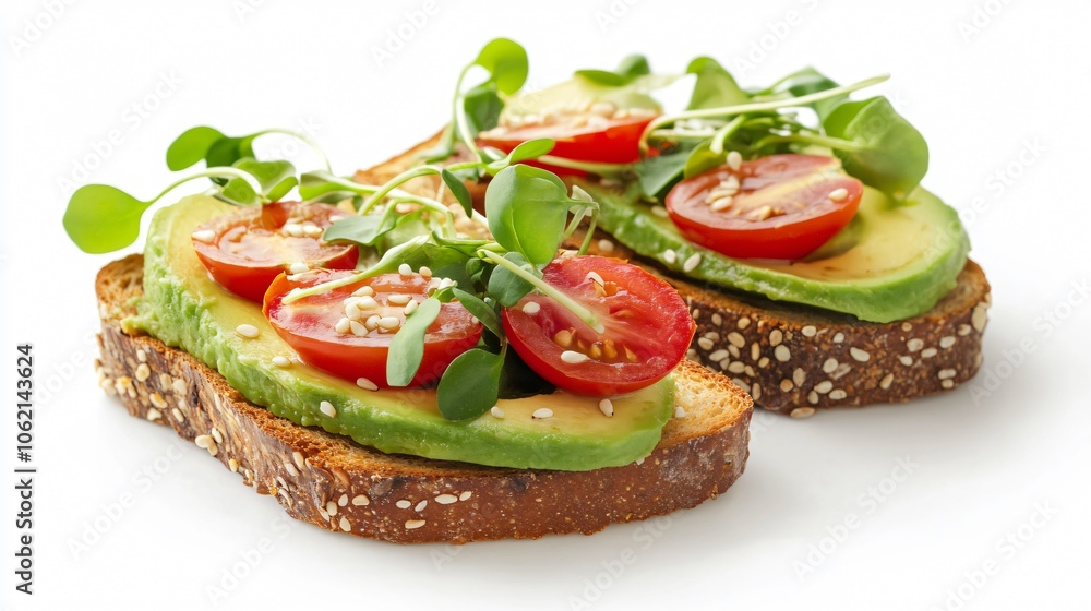 Delicious Avocado Toast with Tomatoes and Microgreens Delicious Avocado Toast with Tomatoes and Microgreens