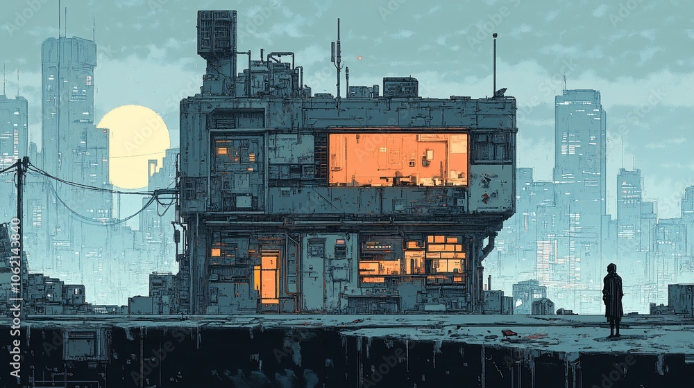 Naklejka premium A lone figure stands before a futuristic building in a cityscape at dusk.