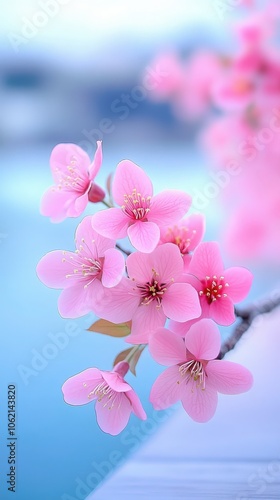 Pink cherry blossoms against a blue sky.