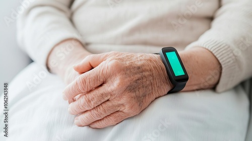 Wearable device on elderly patient, real-time health data monitoring, gentle lighting, focus on personal care