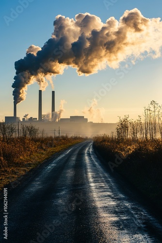 Road leading to industrial plant with smokestacks emitting smoke