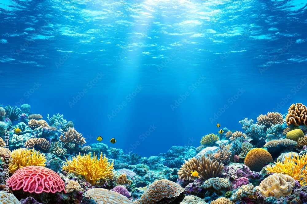 Obraz premium In this picture, a small canyon underwater is carved by the swell into the reef's front, with sunlight passing through the water. This is on Huahine island in the Pacific Ocean, French Polynesia.
