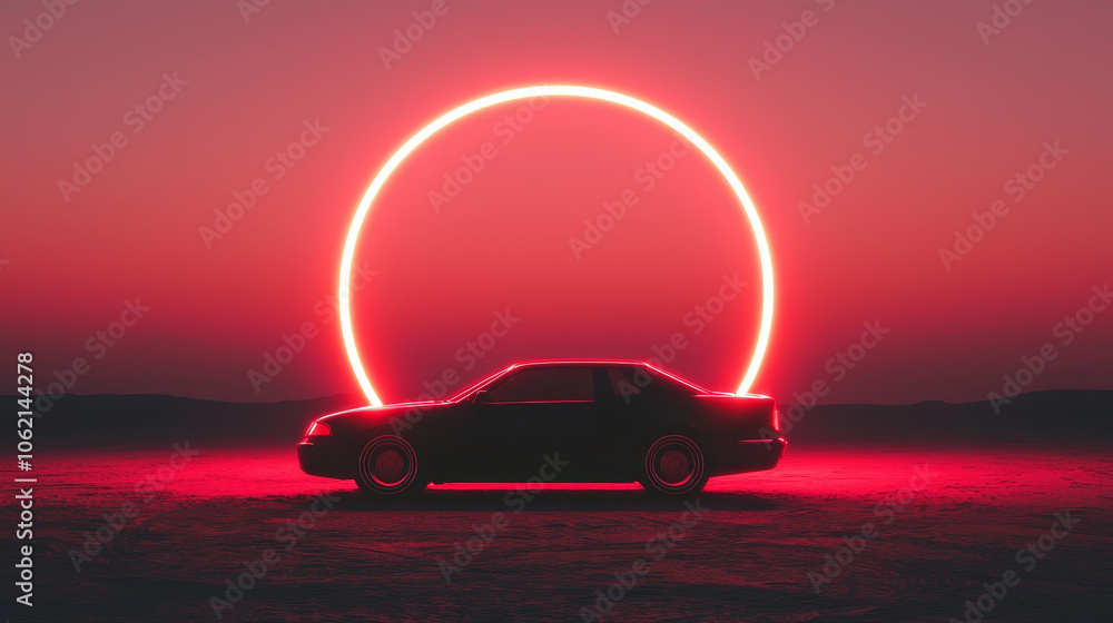 car silhouette at night surrounded by glowing light rings, creating surreal atmosphere car silhouette at night surrounded by glowing light rings, creating surreal atmosphere