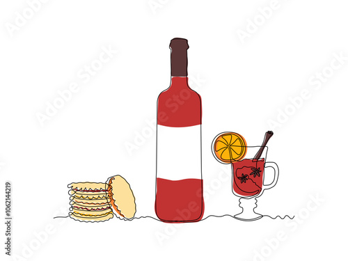 Glass bottle with wine,port, alcohol. wine glass, mulled wine, stack of cookies , continuous single line art drawing sketch, logo
