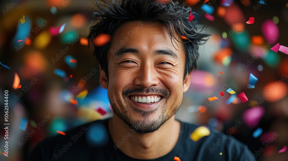 Funny asian man is smiling and surrounded by colorful confetti Funny asian man is smiling and surrounded by colorful confetti