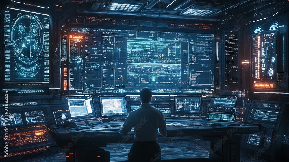 A man sits at a futuristic workstation in a high-tech control room, monitoring a large screen displaying complex data. A man sits at a futuristic workstation in a high-tech control room, monitoring a large screen displaying complex data.