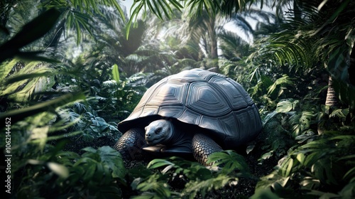 Giant Tortoise Hidden in Lush Tropical Foliage