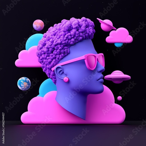 Collage art for modern minimal art. Retro zine and vapor wave aesthetic. Retro statue male in cosmic alien space. photo