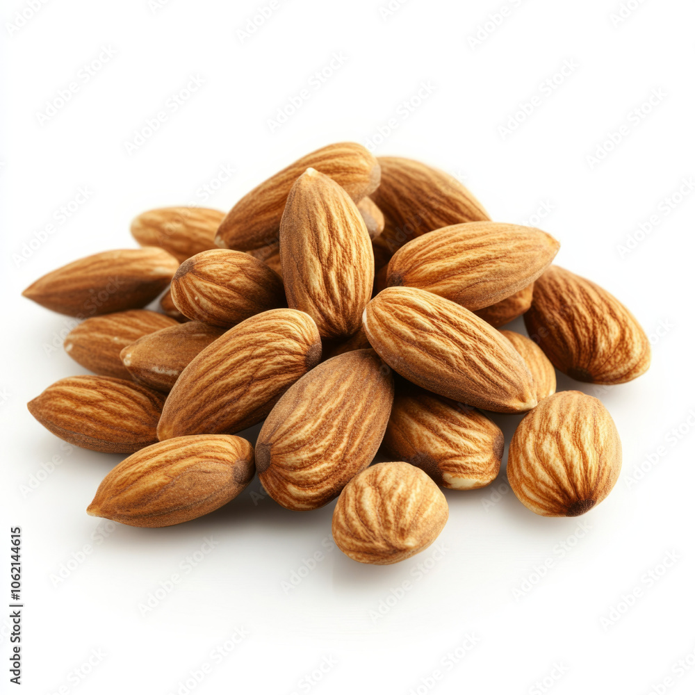 A pile of raw, unprocessed almonds on a white surface in natural light A pile of raw, unprocessed almonds on a white surface in natural light