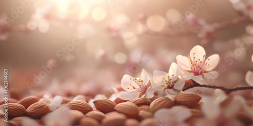 Delicate almond blossoms and fallen petals resting on smooth nuts in springlight photo