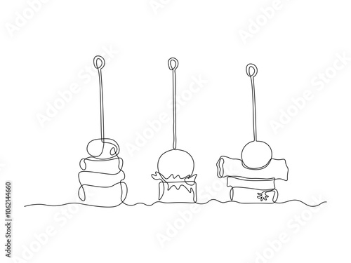 set of three sandwiches canapes on skewers, continuous single line art drawing sketch, logo