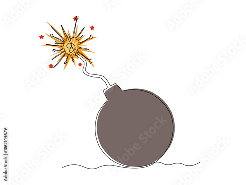 bomb with a burning fuse, continuous single line art drawing sketch, logo