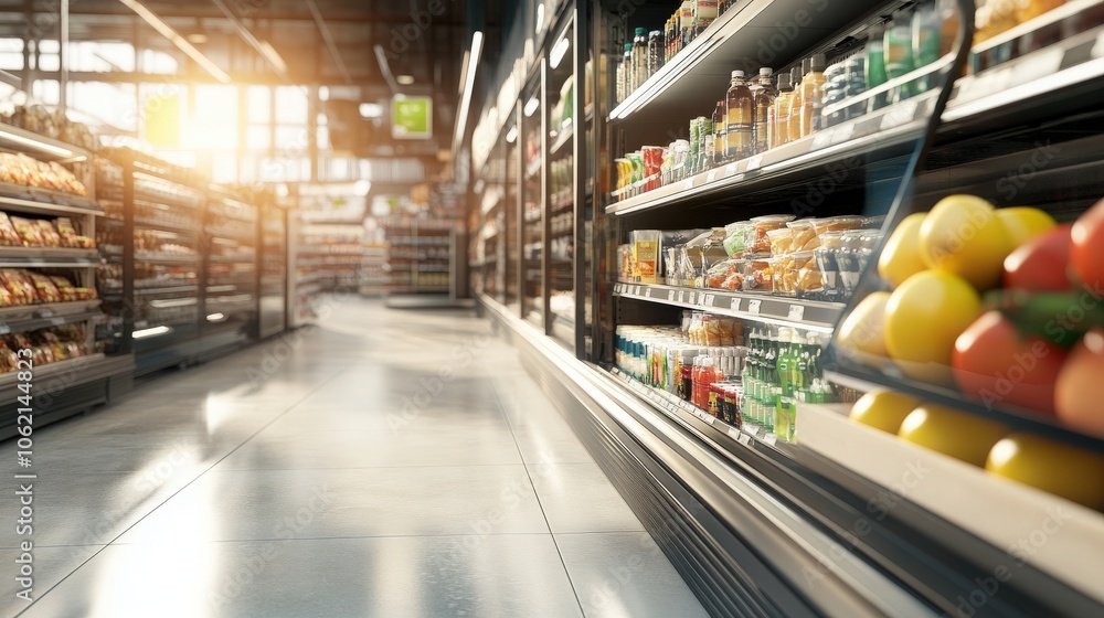 Supermarket Aisle with Fresh Produce and Drinks. Supermarket Aisle with Fresh Produce and Drinks.