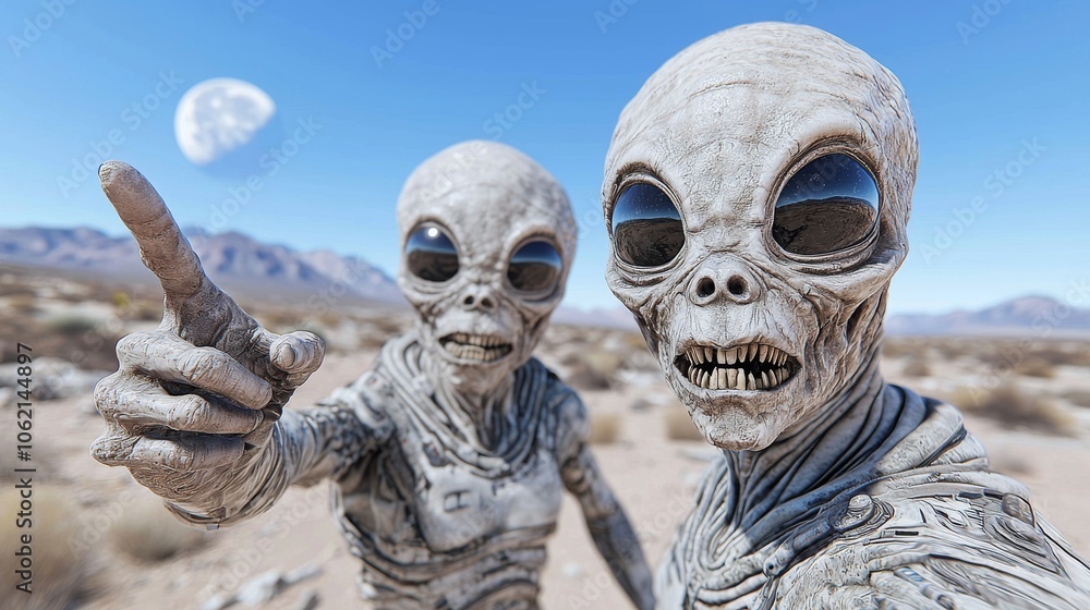 Imaginative illustration featuring a blue alien holding a finger up and embracing a gray alien on a barren planet. Imaginative illustration featuring a blue alien holding a finger up and embracing a gray alien on a barren planet.
