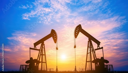 Silhouetted oil pumpjacks in evening light, capturing themes of resource extraction, energy production, and environmental implications photo