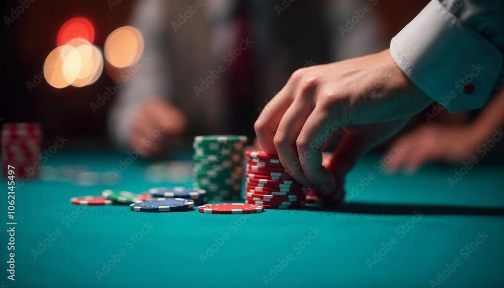 A close-up showcases a hand arranging vibrant poker chips, emphasizing precision in gambling.
A close-up showcases a hand arranging vibrant poker chips, emphasizing precision in gambling.