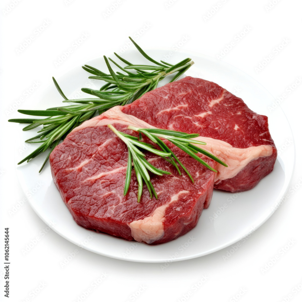Fresh cuts of beef on a white plate with sprigs of rosemary garnish Fresh cuts of beef on a white plate with sprigs of rosemary garnish