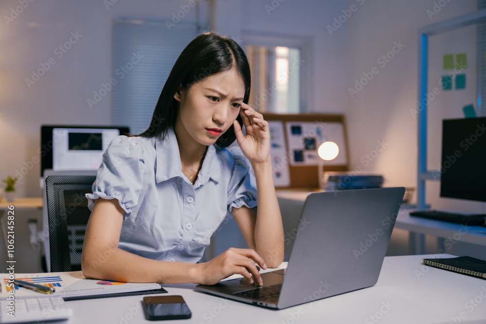Young asian businesswoman is massaging her head because of a headache while working on a laptop sitting at her desk in a modern office at night Young asian businesswoman is massaging her head because of a headache while working on a laptop sitting at her desk in a modern office at night