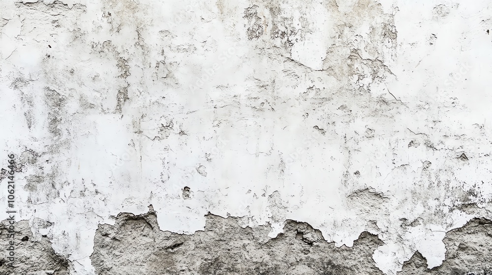 Fototapeta premium A textured wall featuring a combination of peeling white paint and rough gray surface, perfect for backgrounds and textures.