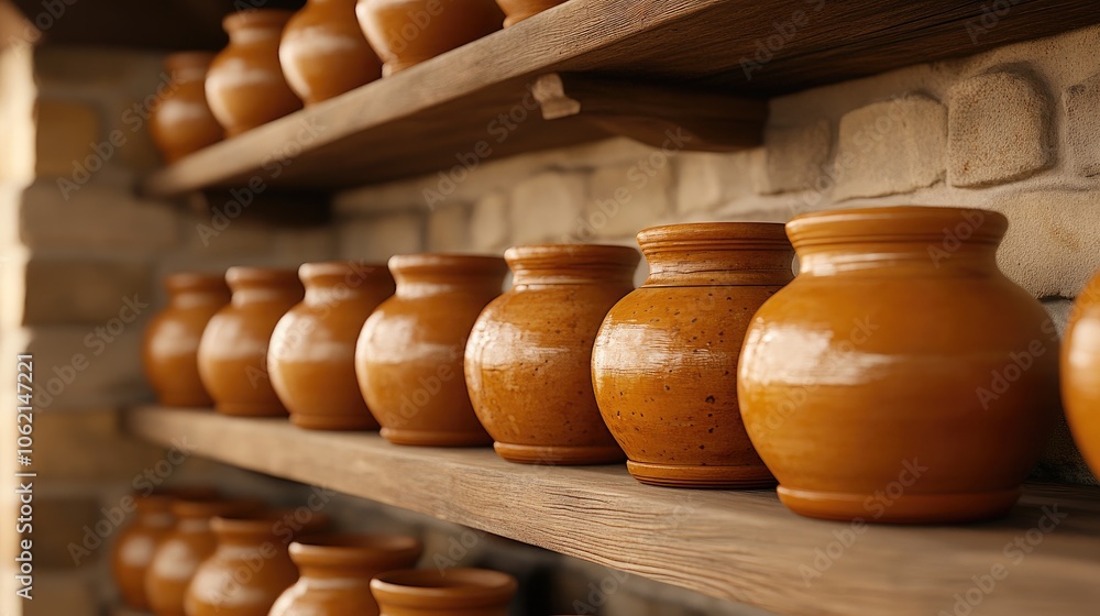 Naklejka premium Old factory workshop filled with handcrafted clay pots on wooden shelves, showcasing artisan craftsmanship in rustic surroundings