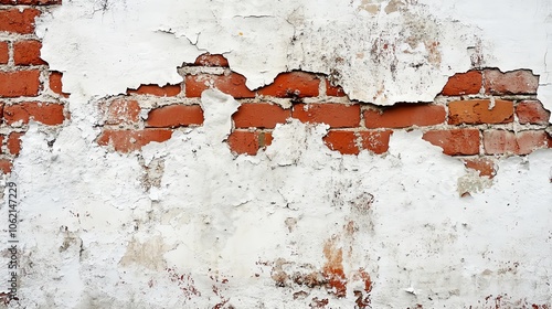 Chipped white wall exposing red bricks underneath, showing texture and decay, ideal for backgrounds or urban aesthetics. photo