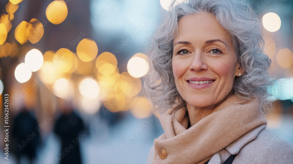 A happy older woman with silver hair smiles warmly on a city street in winter A happy older woman with silver hair smiles warmly on a city street in winter