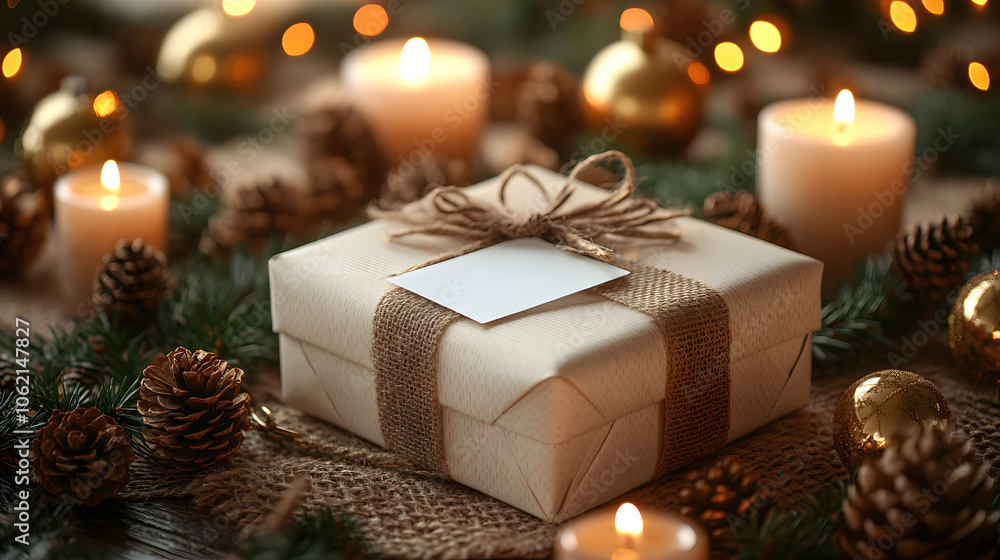 Cozy Christmas Gift: A simple, rustic, and elegant Christmas gift with a blank tag, surrounded by candles and Christmas decorations. This picture evokes warmth and a sense of home. Cozy Christmas Gift: A simple, rustic, and elegant Christmas gift with a blank tag, surrounded by candles and Christmas decorations. This picture evokes warmth and a sense of home.