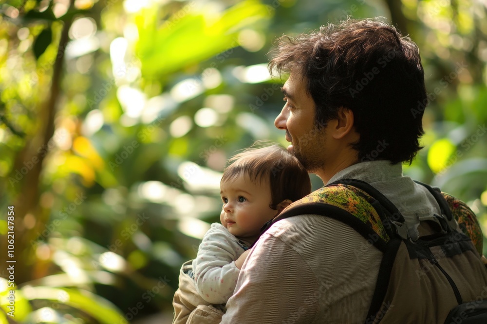 Father wearing baby carrier holding his infant child while exploring lush tropical greenhouse Father wearing baby carrier holding his infant child while exploring lush tropical greenhouse