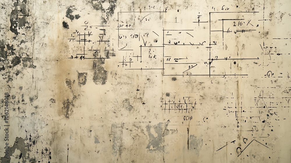 Old, weathered wall with faded architectural drawings and mathematical symbols, showcasing vintage industrial design. Old, weathered wall with faded architectural drawings and mathematical symbols, showcasing vintage industrial design.